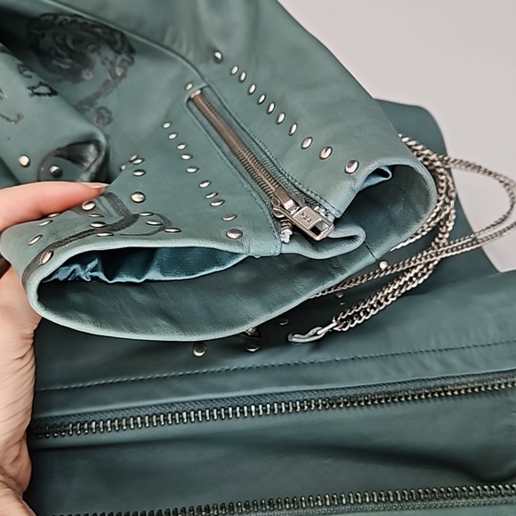 Free People x Nigel Preston Chain Embellished Biker Jacket Aqua - Picture 17 of 17